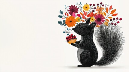 Sticker -   A sketch of a squirrel holding a bouquet of flowers in its mouth along with a piece of fruit