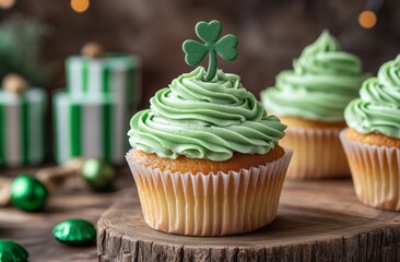 Wall Mural - Delicious green frosting cupcake decorated with shamrock for St Patrick's Day celebration