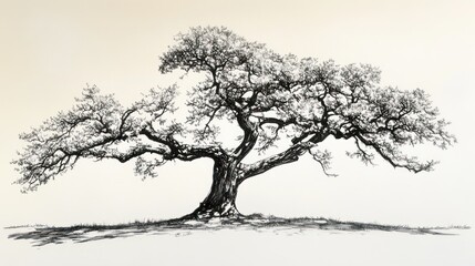 Majestic oak tree sketch, nature illustration, peaceful background, design element