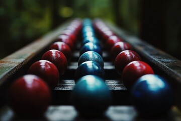 Alternating rows of red and blue glossy spheres on a weathered wooden surface, creating a visually striking pattern.