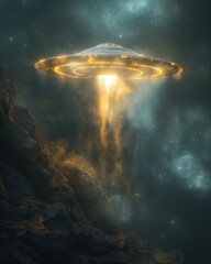 Wall Mural - A UFO with rotating rings of light silently flies _011
