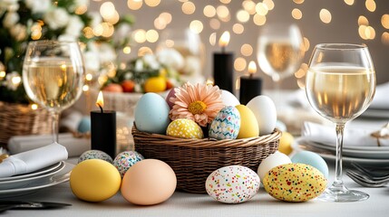 Wall Mural - Close-up of a beautifully arranged Easter dinner table with white candles, black candlesticks, and baskets of flowers