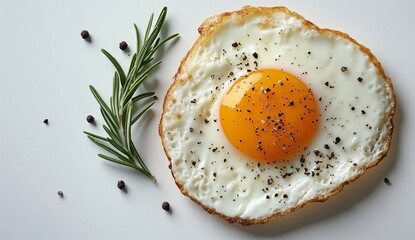 Wall Mural - Freshly cooked egg with rosemary and pepper on a simple white background