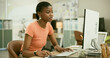 © peopleimages.com - Technology, reading and young black woman in the office doing research for creative project. Desktop, career and professional African female designer working on computer in the modern workplace.