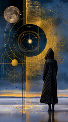 Wall Mural - mysterious hooded figure standing before a golden geometric portal against a cosmic abstract backgro