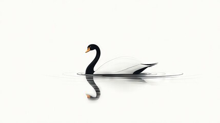 Poster -   Black and white swan floating on water, reflected in the surface below