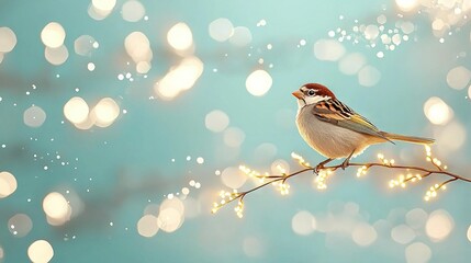 Sticker -  Bird perched atop illuminated branch against hazy background