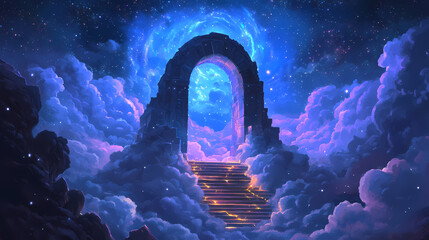 Wall Mural - A mystical staircase ascends through clouds towards a glowing archway, set against a twilight sky filled with stars. Zenith Archway. Illustration
