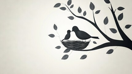 Wall Mural - a pair of birds perched atop a tree alongside a bird's nest on a tree limb