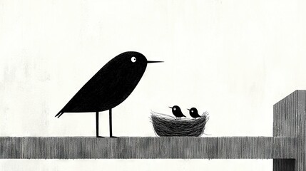 Wall Mural - a bird perched on a wooden fence adjacent to a nest containing two tiny birds