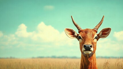 Wall Mural - a clear photo of a deer's head against a green field and blue sky backdrop