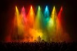 © AI04 - A concert in a theater, the stage aglow with vibrant spotlights and filled with smoke. Stock.