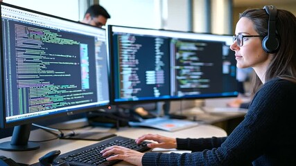 software developer deeply engaged in coding within a contemporary office environment.