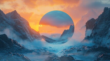 Wall Mural - Surreal sunset landscape with a circular frame over snowy mountains.