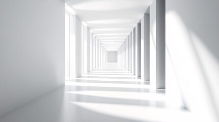 Wall Mural - a serene, minimalist corridor with bright white walls and soft natural light streaming through, crea