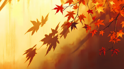 warm golden light falls on a wall with the shadow of fallen maple tree leaves , warm, fall colors, l