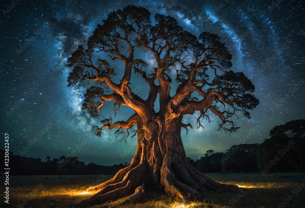 giant ancient tree with glowing runes carved into its trunk, radiating ...