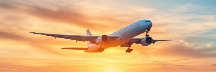 Poster - Silhouette of an airplane flying through a golden sunset sky over a tranquil horizon creating a serene travel moment. Generative AI