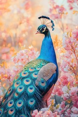 Sticker -   A peacock perched atop a verdant, rosy field adorned with blossoms, alongside a pink-white forest