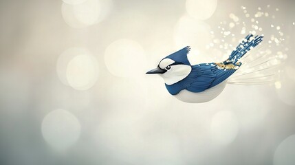 Wall Mural - a blue-and-white bird flies through air with bubbles in tail and gold crown on head
