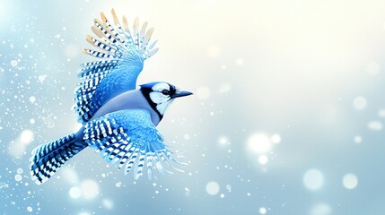 Wall Mural -   A blue bird soaring through the sky with snowflakes on its back and spread-out wings