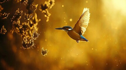 Wall Mural - a bird soaring through the sky with outstretched wings against a backdrop of golden hues and an arra