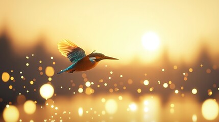 Wall Mural - bird flying over water with sunset and reflection of light on water