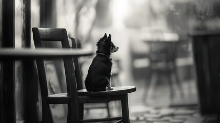 Wall Mural -   A black and white picture of a tiny canine seated on a wooden stool, gazing past its back