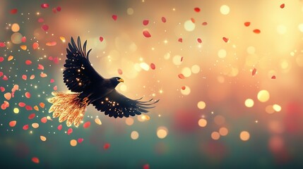 Wall Mural -   A bird flying through the air with colorful confetti on its back against a soft focus backdrop