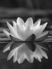 Leinwandbilder - White water lily floating serenely on still water with reflection at twilight. Generative AI