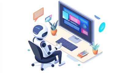Virtual chatbot on computer, user engaged in language practice