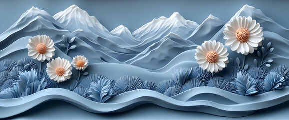 Wall Mural - Serene Blue Mountain Landscape with White Daisies Relief