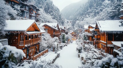 Canvas Print - Snowy Mountain Village Winter Wonderland Wooden Cabins