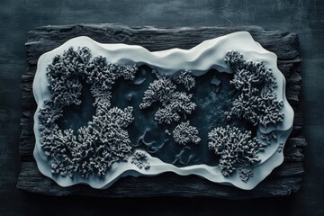 Wall Mural - Abstract art piece depicting a minimalist landscape with textured, snow-like formations and a dark, watery center.