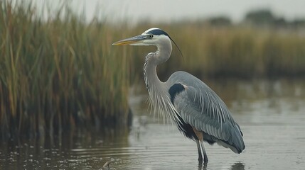 Wall Mural -   A majestic bird perched beside a verdant meadow and towering reeds near a serene water body