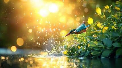 Poster -   A bird perched atop a verdant bush, beside a tranquil body of water, dotted with droplets