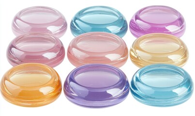A collection of glassy web buttons in various colors and round shapes.