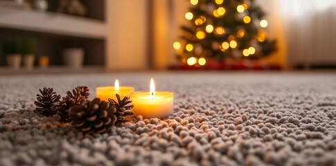 Canvas Print - A snug living room adorned with candles and a Christmas tree, bathed in the warm glow of a sunset