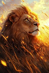 Wall Mural -   Close-up of a lion resting amid tall grass, sunlight filtering through cloudy sky