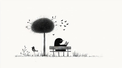 Sticker -   A monochrome sketch of a person resting on a park bench beside a tall tree with feathery creatures soaring above it