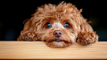 Wall Mural - Poodle dog, A close-up image of a brown poodle's face, showcasing its features in high fidelity and detail.