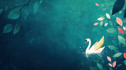 Wall Mural -   A white swan gracefully glides atop a tranquil body of water alongside a verdant forest adorned with green and red foliage