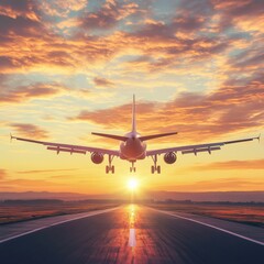 Fototapete - Majestic airplane silhouette flying into a golden sunset over a serene landscape. Generative AI