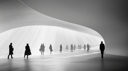 Wall Mural - Silhouetted figures walking through a modern, abstract architectural space with soft light effects