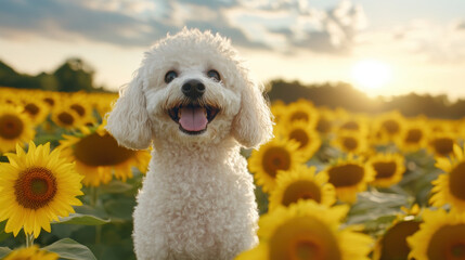 Poodle dog, A cute poodle standing in a sunflower field, showcasing its curly fur in a high-fidelity image.