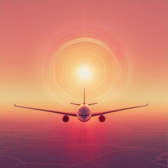 Poster - Airplane silhouette flying towards a golden sunset over serene landscape in evening sky. Generative AI