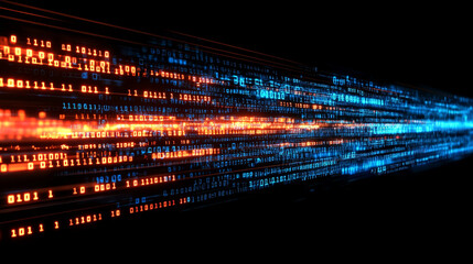 A creative binary coding texture with flowing software programming code rendered in 3D minimalistic bright light tones and blurred background with empty space for captions

