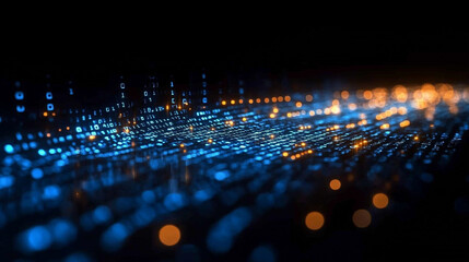 A creative binary coding texture with flowing software programming code rendered in 3D minimalistic bright light tones and blurred background with empty space for captions

