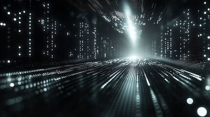 A creative binary coding texture with flowing software programming code rendered in 3D minimalistic bright light tones and blurred background with empty space for captions

