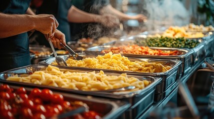 Wall Mural - Chefs preparing steaming hot food in chafing dishes for buffet style dinner